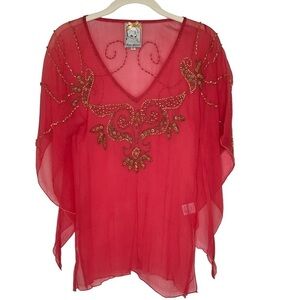 ANTHROPOLOGIE Yoana Barashi Coral Silk Beaded Flutter Sleeve Top Blouse Size L